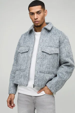 Boohoo Mens Oversized Boxy Marl Melton Utility Pocket Harrington Jacket