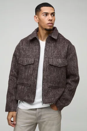 Boohoo Mens Oversized Boxy Marl Melton Utility Pocket Harrington Jacket