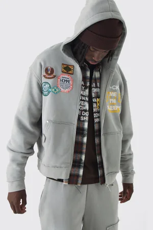 Boohoo Mens Oversized Applique Distressed Zip Through Brushback Hoodie