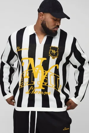 Boohoo Mens Plus Stripe Knitted Oversized Football Polo