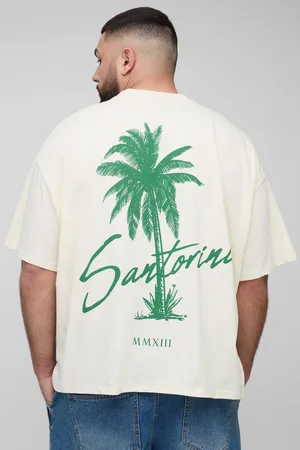 Boohoo Mens Plus Oversized Extended Neck Santorini Palm Print Landscape T-Shirt