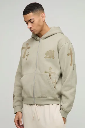 Boohoo Mens Oversized Boxy Gothic M Cross Print Zip Through Hoodie