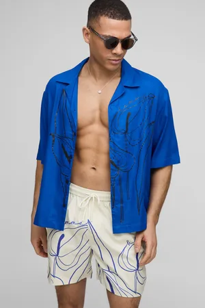 Boohoo Mens Oversized Floral Line Printed Revere Shirt & Swim Set