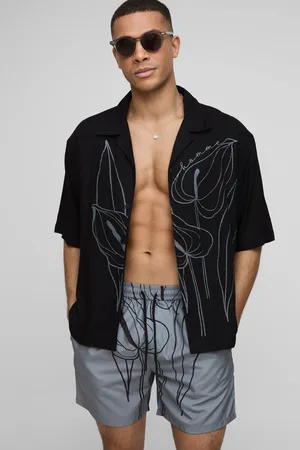 Boohoo Mens Oversized Floral Line Printed Revere Shirt & Swim Set