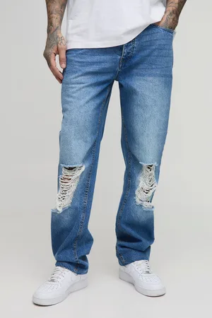 Boohoo Mens Tall Relaxed Ripped Rigid Jeans