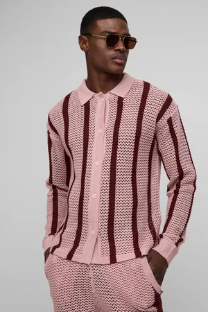 Boohoo Mens Regular Fit Open Stitch Stripe Long Sleeve Knitted Shirt