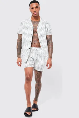 Boohoo Mens Short Sleeve Dashed Stripe Shirt And Swim Set