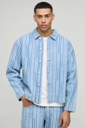 Boohoo Mens Long Sleeve Boxy Laser Print Striped Denim Overshirt