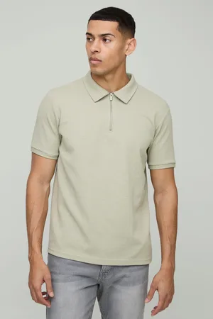 Boohoo Mens Regular Fit Contrast Waffle Zip Neck Polo