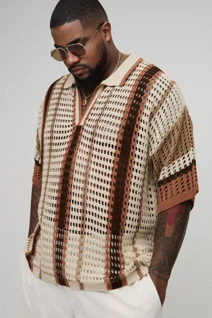 Boohoo Mens Plus Oversized Boxy Stripe Open Knit Polo