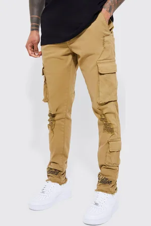 Boohoo Mens Fixed Waist Skinny Rip And Embroidered Cargo trousers