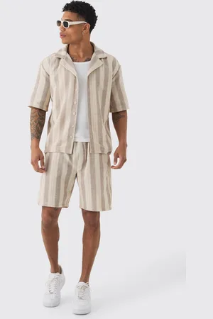 Boohoo Mens Oversized Revere Linen Look Stripe Shirt & Short Set