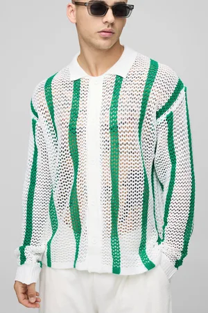 Boohoo Mens Regular Fit Open Stitch Stripe Long Sleeve Knitted Shirt