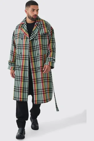 Boohoo Mens Plus Wool Look Check Double Breasted Overcoat in