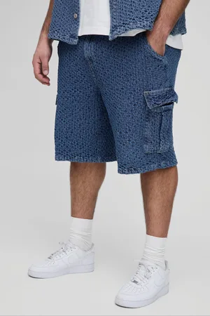 Boohoo Mens Plus Textured Denim Relaxed Fit Cargo Shorts