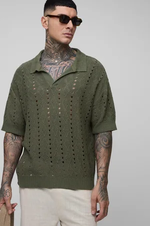 Boohoo Mens Tall Boxy Oversized Stripe Open Knit Polo