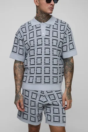 Boohoo Mens Tall Oversized Crochet Polo Shirt & Short Set