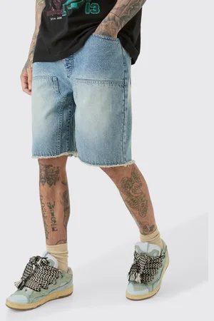 Boohoo Mens Tall Raw Hem Rigid Denim Carpenter Shorts In
