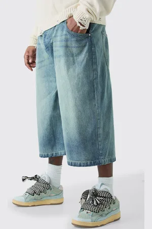Boohoo Mens Plus Long Line Denim Jorts In Wash