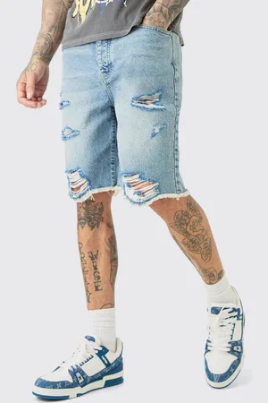 Boohoo Mens Tall Multi Rip Relaxed Fit Denim Shorts In