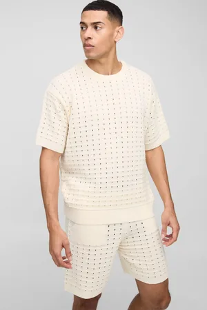 Boohoo Mens Oversized Open Stitch T-Shirt & Short Knitted Tracksuit