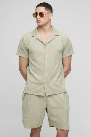 Boohoo Mens Regular Fit Jersey Towelling Revere Shirt & Runner Short Set