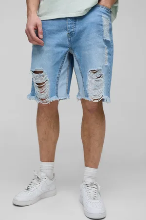 Boohoo Mens Tall Relaxed Ripped Gusset Denim Shorts