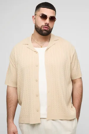 Boohoo Mens Plus Oversized Boxy Short Sleeve Revere Cable Knit Shirt