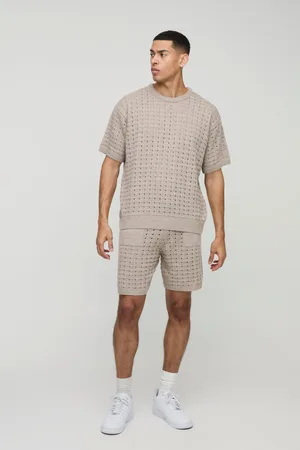 Boohoo Mens Oversized Open Stitch T-Shirt & Short Knitted Tracksuit