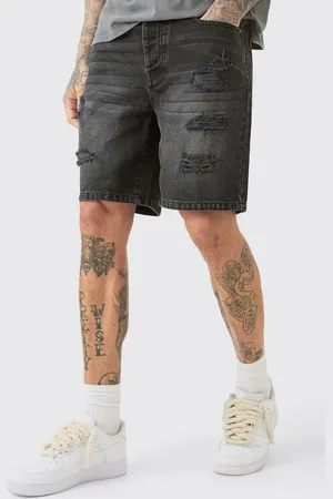 Boohoo Mens Tall Slim Fit Distressed Denim Shorts In