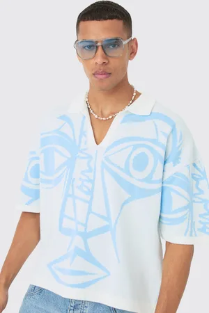 Boohoo Mens Oversized Boxy Face Line Drawing Knitted Polo