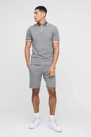 Boohoo Mens Slim Fit Pique Interlock Stripe Polo and Shorts Set