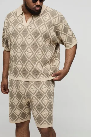 Boohoo Mens Plus Oversized Crochet Polo Shirt & Short Set
