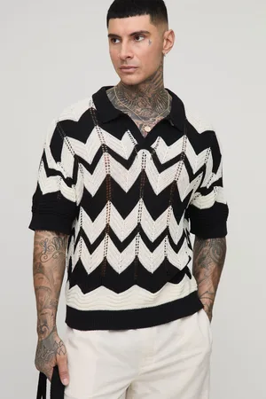Boohoo Mens Tall Boxy Oversized Abstract Open Knit Polo