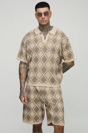 Boohoo Mens Tall Regular Fit Crochet Polo Shirt & Relaxed Short Set