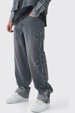 Boohoo Mens Relaxed Rigid Cross Applique Denim Jeans