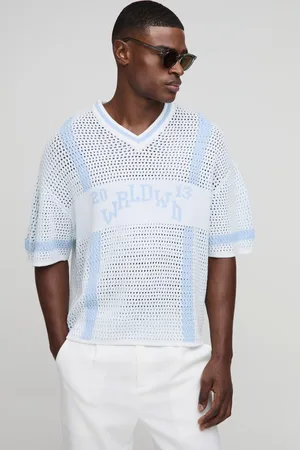 Boohoo Mens Boxy Fit V Neck Sports Open Stitch Knitted T-Shirt