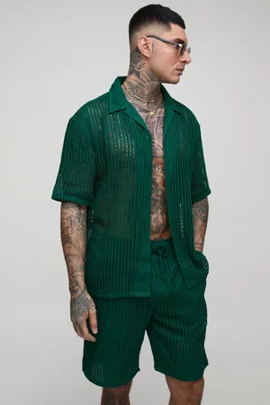 Boohoo Mens Tall Oversized Dropped Revere Crochet Shirt & Short Set