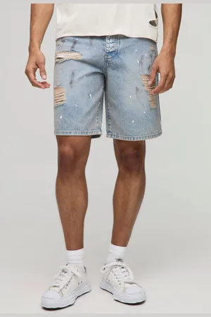 Boohoo Mens Relaxed Ripped Paint Splatter Rigid Denim Shorts In