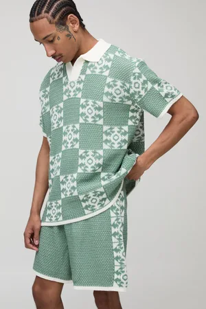 Boohoo Mens Boxy Fit Jacquard Square Revere Knitted Polo and Shorts Set