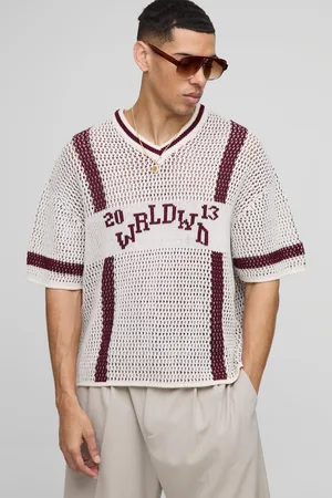 Boohoo Mens Boxy Fit V Neck Sports Open Stitch Knitted T-Shirt