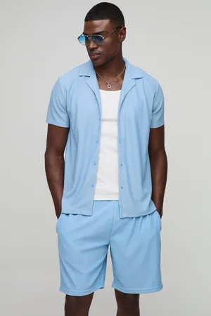 Boohoo Mens Regular Fit Short Sleeve Ribbed Shirt & Short Set