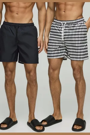 Boohoo Mens 2 Pack Checkerboard and Plain Mid Length Swim Short