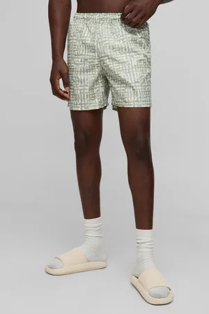 Boohoo Mens Check Stripe Printed Mid Length Swim Short