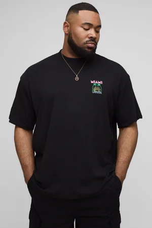 Boohoo Mens Plus Oversized Extended Neck Embroidered Miami Palm Tree T-Shirt