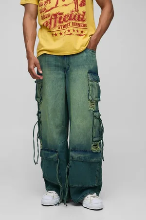 Boohoo Mens Super Baggy Rigid Ripped Multi Pocket Cargo Strap Denim Jeans
