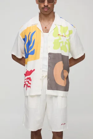 Boohoo Mens Oversized Abstract Linen Blend Shirt & Relaxed Short Set