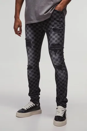 Boohoo Mens Super Skinny Stretch Checkerboard Ripped Denim Jeans