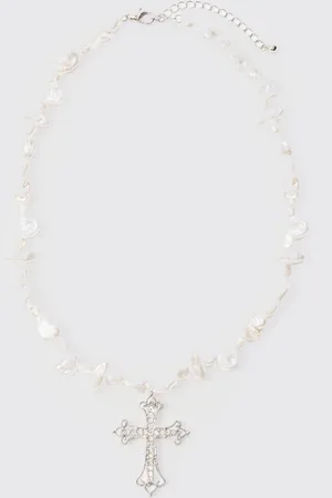 Boohoo Mens Iced Cross Pearl Necklace In