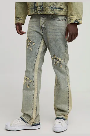 Boohoo Mens Slim Flared Cross Applique Panelled Jeans